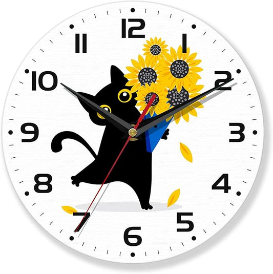 Wall Clocks,Black Cat Wall Clock Decorative,Sunflower Kitchen Wall Clock Battery Operated-10 Inch Round Bathroom Clocks Silent Non-Ticking