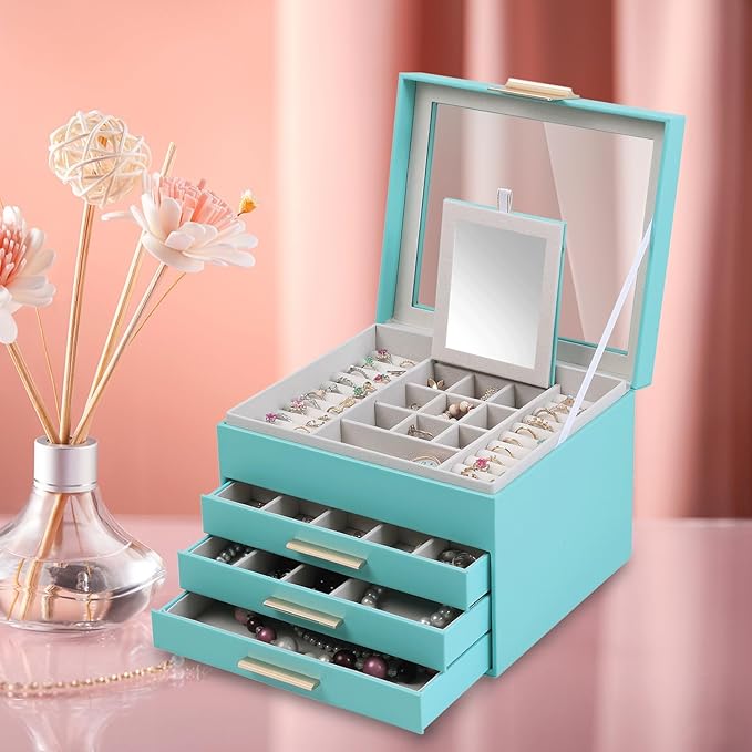 BOOVO Clear Lid Jewelry Box,4 Layers Jewelry Organizer Large Jewelry Storage Box with 3 Drawers,Jewelry Holder Organzier of Rings Earrings Necklace Bracelets for Women (Turquoise blue, 4 Layer)