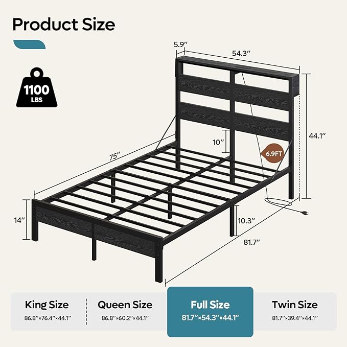 Bestier Full Bed Frame with Storage Headboard and Charging Station, Black Platform Bed Frame with LED Light, Non-Slip Metal Bed Frame, Noise-Free, Easy Assembly