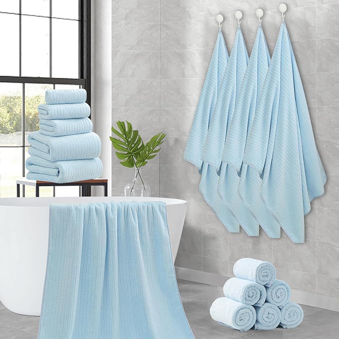 18 Piece Family Bath Towel Set Include 6 Bath Towels,6 Hand Towels and 6 Washcloths Soft Bathroom Towel with Hanging Loops,Highly Absorbent Quick Dry Towels Set for Bathroom,Hotel and Spa-Blue
