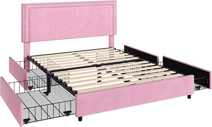VECELO Full Size Upholstered Platform Bed Frame with 4 Storage Drawers, Adjustable Velvet Rivet Decor Headboard, Wooden Slats Support, No Box Spring Needed, Easy Assembly
