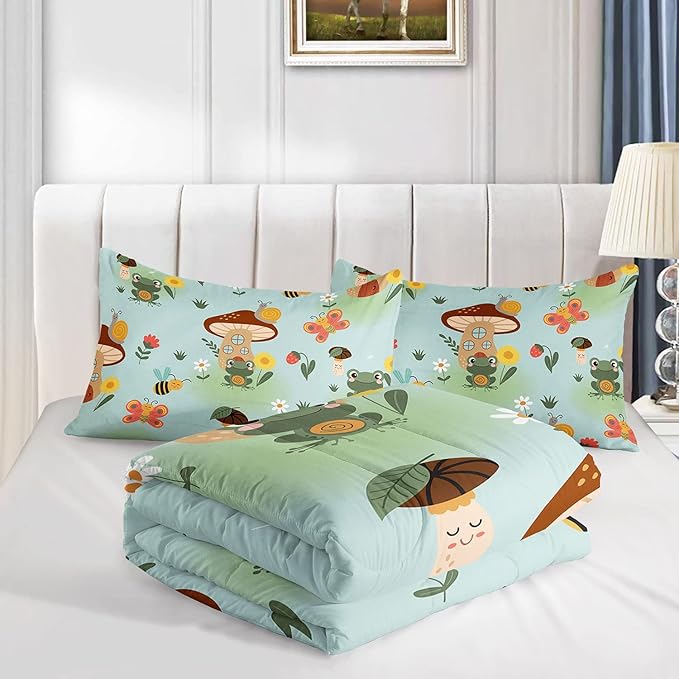 Cartoon Mushroom House Kids Comforter Bedding Set for Boys Girls, Green Grassland and Cute Frog Bee Print Comforter with 2 Pillowcases(Mushroom House Full)