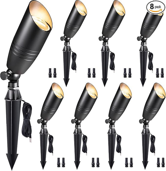Spot Light Brass - Outdoor Landscape Spotlights LED, 12V Low Voltage Landscaping Uplights, Hard-Wired All Weather Black for Backyard Lawn with No Bulbs (8 Pack)