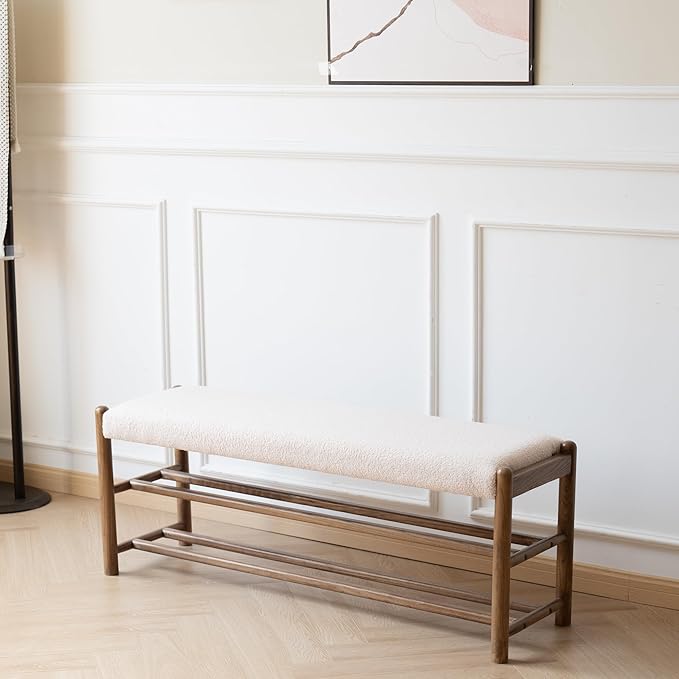Solid Wood Entryway Bench with Shoe Storage, Rustic Oak Wood and Sherpa Fabric 45 Inch Long Seating for Living and Dining Rooms, 3-Tier White