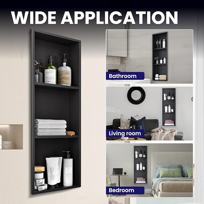 Stainless Steel Shower Niche 12" X 36",3-Tier Recessed Wall Niche No Tile Needed Shower Shelf for Bathroom Storage (4x12x36 Black)