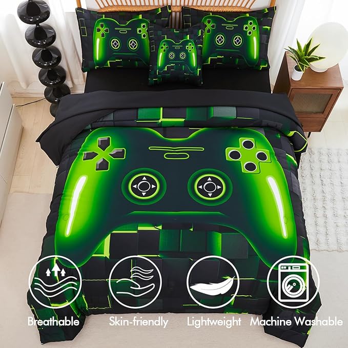PERFEMET 6 Pcs Gaming Bedding Set Queen Size Green Game Console Kids Bed in A Bag 3D Black Gamer Comforter Set with Sheets for Boys Teen Lightweight Video Gamepad Bedroom Set(Green, Queen)
