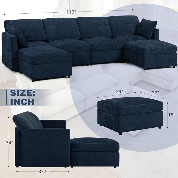 110” Chenille 4 Seats Sofa W/2 Movable Ottoman, Modern Fabric U-Shaped Couch with Soft Backrest, Upholstered Sectional Sofa with Armrest Pillows for Living Room, Office, Blue