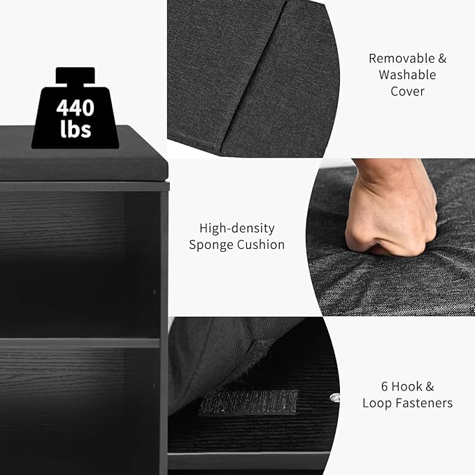 Giantex Shoe Storage Bench with Cushion, Entryway Shoe Rack Bench, Adjustable Shelves, 10-Cubbies Organizer Bench for Entryway, Living Room, Bedroom, Hallway, Closet, Mudroom (Black)