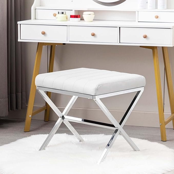 DUHOME Vanity Stool,Modern PU Leather Ottoman Stool Chair for Vanity Bench with Metal X Legs, Rectangle Makeup Stools Padded Foot Rest Ottoman for Makeup Room, Living Room, Bathroom,White