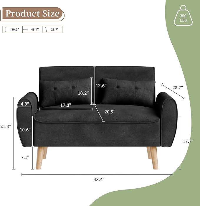 Vongrasig 47" Small Modern Loveseat Sofa, Mid Century Linen Fabric 2-Seat Sofa Couch Tufted Love Seat with Back Cushions and Tapered Legs for Living Room, Bedroom and Small Space (Black)