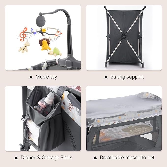 5 in 1 Infant Newborn Baby Crib,Baby Bassinet Bedside Cribs,Pack and Play and Changing Table,Portable & Music Box,Portable Travel Crib,Dark Gray