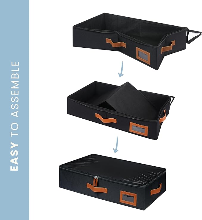 OrganiHaus Under Bed Storage Containers, Bedroom Storage and Organization Bins, Clothes Organizer for Closet with Clear Cover and Reinforced Handles - Set of 2 23.5x12.5x5 inches Black