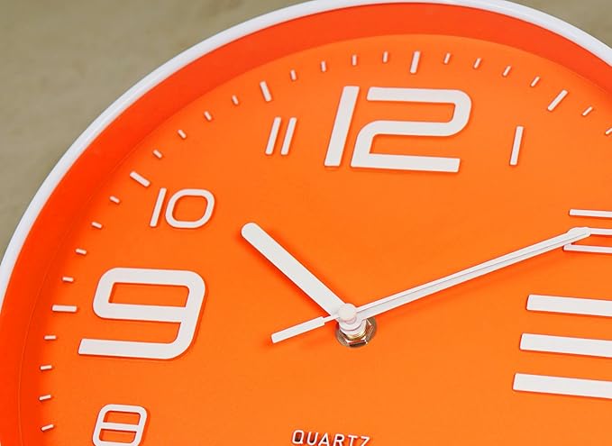 Zaoniy Non-Ticking Silent Quartz Wall Clock with Big 3D Number Modern Design Quiet Sweep Movement Indoor Decorative for Living Room Kitchen Wall Clocks Battery Operated 10-Inch (Orange)
