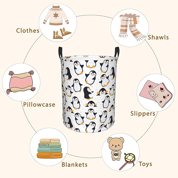 Laundry Hamper, Cute Penguins Laundry Basket,Waterproof Foldable Storage Bin for Bedroom,Clothes Organizer Basket,Toys Box 16x20 Inch