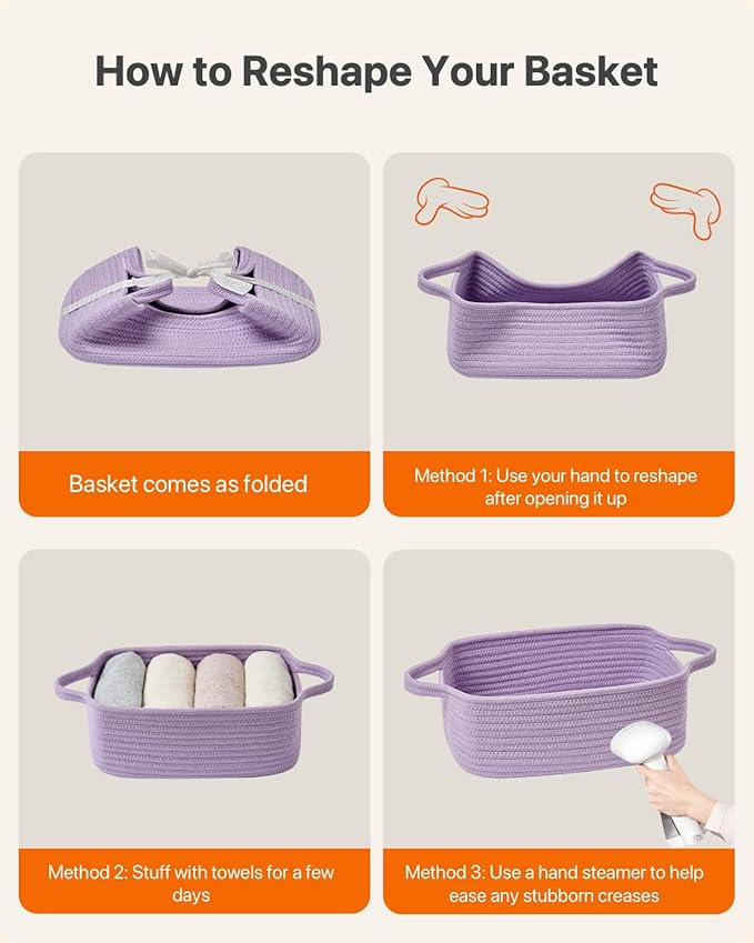 KALLAX Small Woven Basket, 12 x 8 x 4.5 Inches, Small Storage Baskets for Organizing, Gift Baskets Empty, Cute Rope Shelf Closet Storage Bins for Shelves, Dog Toy Basket, Purple