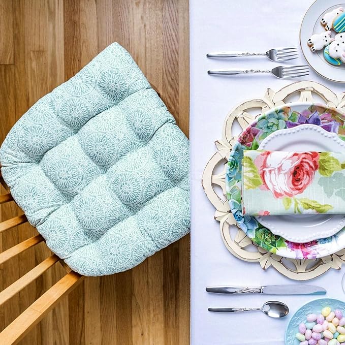 Barnett Home Decor Tibet Spa Dining Chair Pad with Ties - Medium Size 18 Chair Cushion - Latex Foam Fill - Machine Washable, Reversible, 100% Cotton, Made in USA (Blue-Green Mandalas)