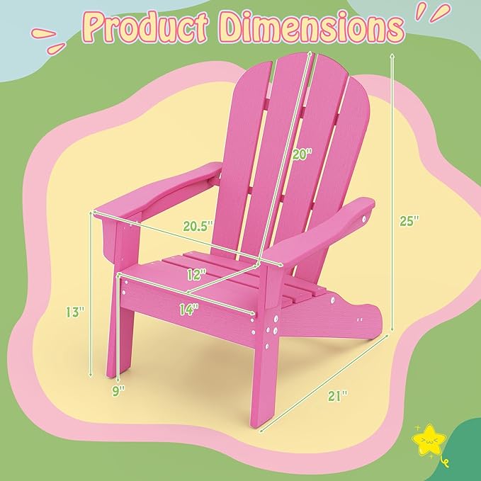 Giantex HDPE Kids Adirondack Chair - All-Weather Lawn Toddler Chair with Ergonomic Design, Children’s Outdoor Chair for Toddlers Ages 3-8, Kid’s Patio Furniture for Deck, Garden (2, Pink)