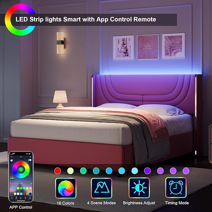 Pink Full Size Bed Frame with LED Lights, Faux Leather Upholstered Platform with Silver Wingback Headboard, Modern Style, No Box Spring Needed, Easy Assembly