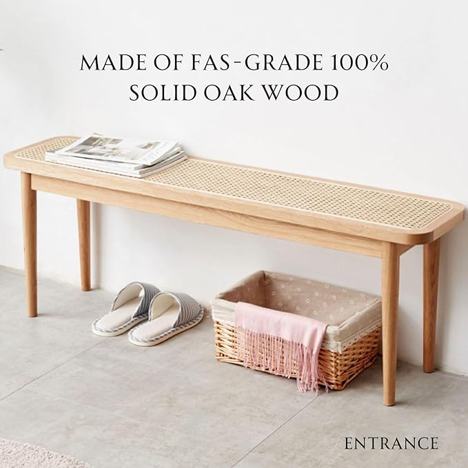 31.5'' Natural Rattan Dining Bench with 100% Solid Oak Wood Bench Frame, Bed End Shoe Ottoman for Kitchen Bedroom Entryway, Natural Oak