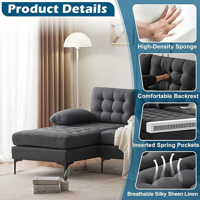 VINGLI 110" Modern U Shaped Sectional Sofa Couch with 51" D Double Chaise for Living Room, Large Tufted Button Couch Sets with 5.9" Thickness Seating Padding for Small Spaces (Grey,Tufted Button)