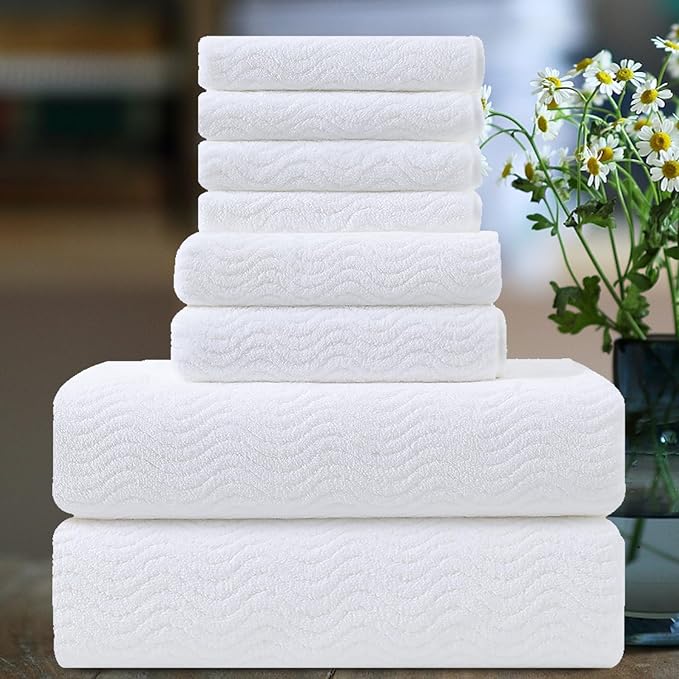 Ultra Soft 8 Piece Textured Bath Towel Set for Bathroom Shower Pool, Kitchen, Quick Dry, Lightweight Highly Absorbent - 2 Oversized Bath Towel Sheets, 2 Hand Towels, 4 Washcloths - White