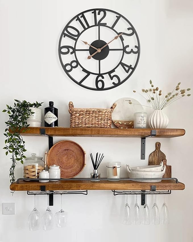Wall Clocks for Living Room Decor, 14 Inch Silent Analog Battery Operated Wall Clock, Black Rustic Farmhouse Metal Wall Clock for Kitchen, Office, Bedroom