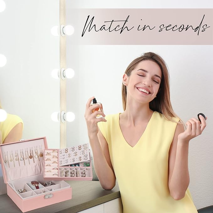 Jewelry Box for Women Girls, 2 Layers Jewelry Organizer Container with Lock, PU Leather Storage Case with Removable Tray, Jewelry Display Box for Necklaces Earrings Bracelets Rings Watches (Pink)