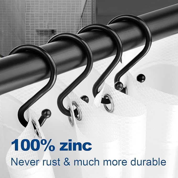 Shower Curtain Hooks Rings, Stainless Steel S Shaped Shower Hooks Rust Proof, Metal Shower Curtain Hangers for Shower Curtains, Kitchen, Wardrobe & Garden, Matte Black, Set of 12