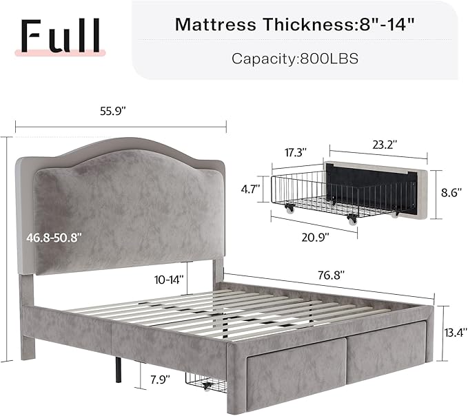 Jocisland Full Bed Frame with 51" Tall & Thick Adjustable Headboard, Storage Drawers, RGB LED Lights, No Box Spring Needed, Velvet Upholstered, Grey