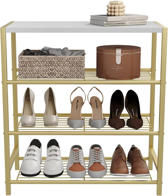 HOMEFORT 4-Tier Shoe Rack, Shoe Storage Shelf, Industrial Shoe Tower, Narrow Shoe Organizer for Closet Entryway, Small Shoe Rack Table with Durable Metal Shelves, Gold