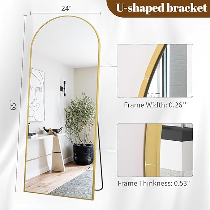 Koonmi Full Length Mirror, 65"x24" Arched Gold Mirror Full Length, Standing Hanging or Leaning Full Body Mirror with Aluminum Alloy Frame for Living Room and Bedroom