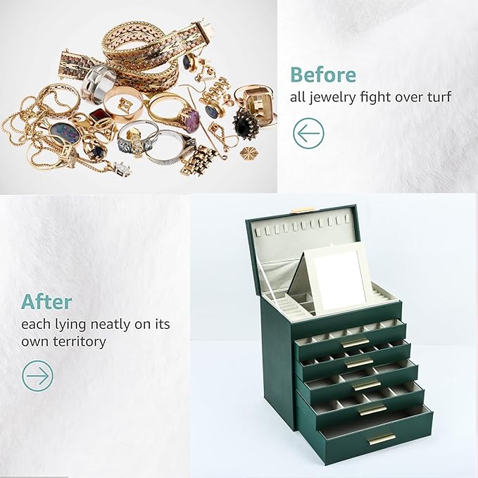 BOOVO Jewelry Box with Necklace Hanger – 6 layer Jewelry Organizer for Women with 5 Drawers, Large Jewelry Storage Boxes –Jewelry Organizers and Storage for Earrings, Necklaces (Green, 6 layer)