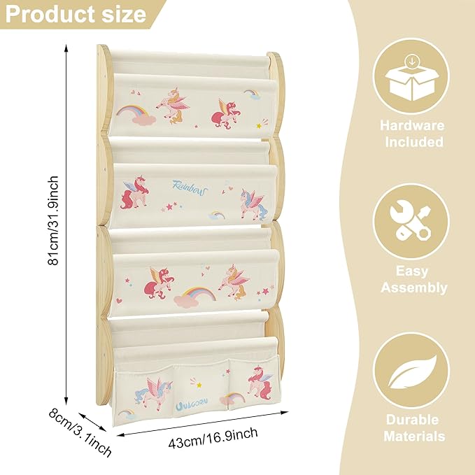Wooden Wall Mounted Bookshelf for Kids Rooms, 4 Tier Floating Nursery Book Shelf, Kids Bookshelf with 2 Pockets, Toddler Sling Book Rack with Deep Sleeves (Unicorn)