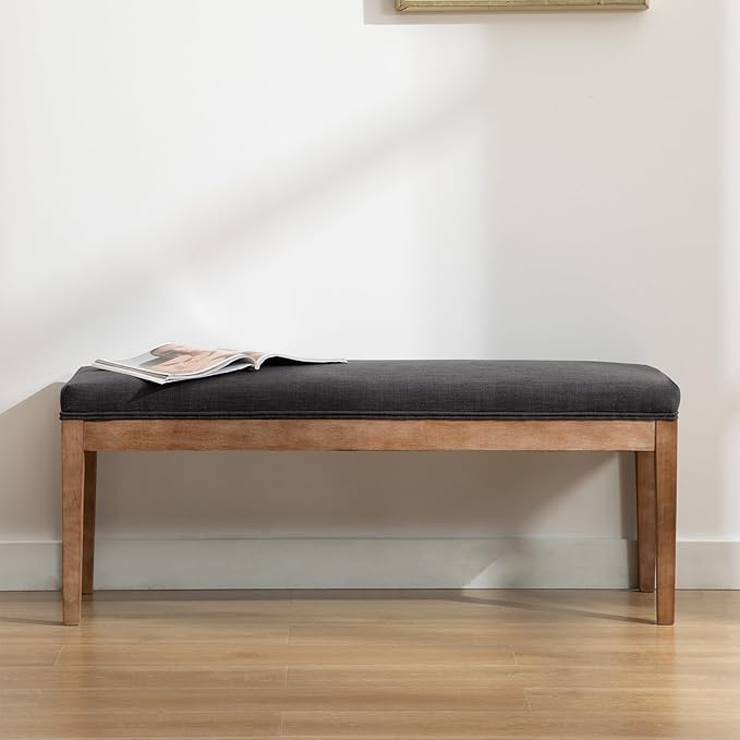 Upholstered Entryway Bench Farmhouse Shoe Benches for Hallway Porch Bedroom Bench for End of Bed Dining Bench for Dining Table Dining Room Kitchen Window with Wood Legs, Linen, Charcoal