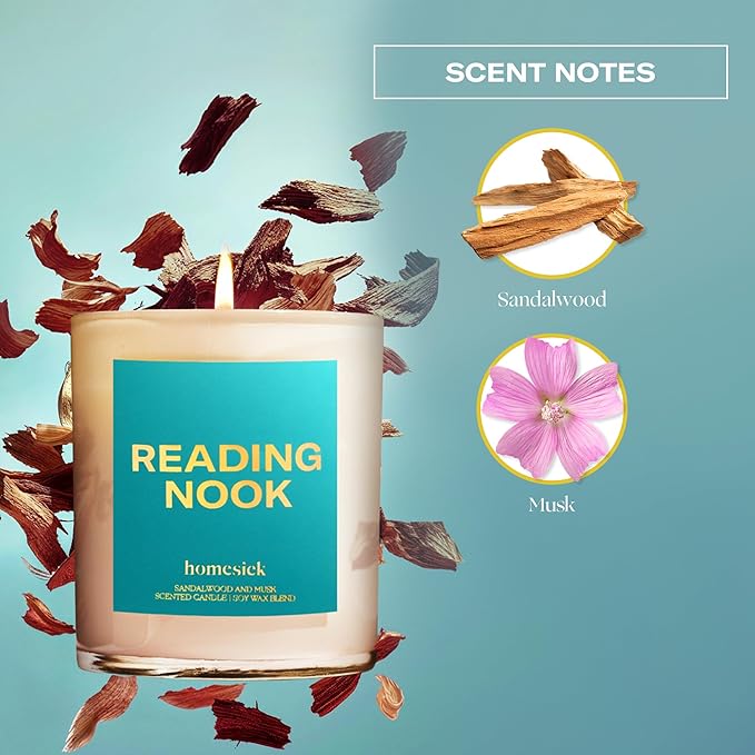 Homesick Scented Candles for Home (Reading Nook) - 7.5 oz Long-Lasting Natural Soy Wax Blend Jar Candle Gift for Women & Men for All Occasions, 30-35 Hours Burn Time - Notes of Sandalwood & Musk