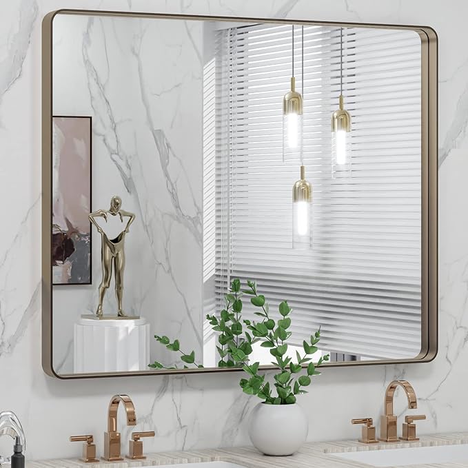 LOAAO 40”X32” Bronze Bathroom Mirrors for Vanity, Rounded Rectangle Brushed Bronze Metal Frame Mirror, Anti-Rust, Tempered Glass, Hangs Horizontally or Vertically