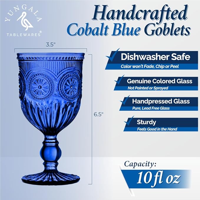 Yungala Cobalt Blue Wine Glasses Set of 6 Blue Goblets - Handcrafted Vintage Glassware with Sunflower Motif, Dishwasher Safe Cobalt Blue Glassware