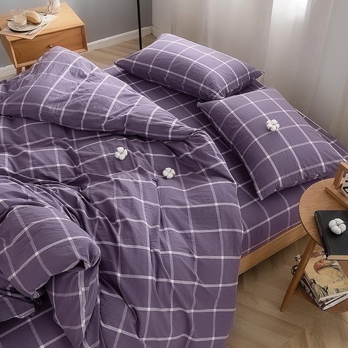 FACE TWO FACE Bedding Duvet Cover Set100% Washed Cotton Duvet Cover Linen Like Textured Breathable Durable Soft Comfy (Queen, Purple Grid)