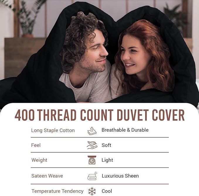 Pizuna Pure 100% Cotton King Duvet Cover Set, Luxurious 400 Thread Count Long Staple Cotton Sateen Weave with Button Closure (Combed Black Cotton Duvet Cover King)