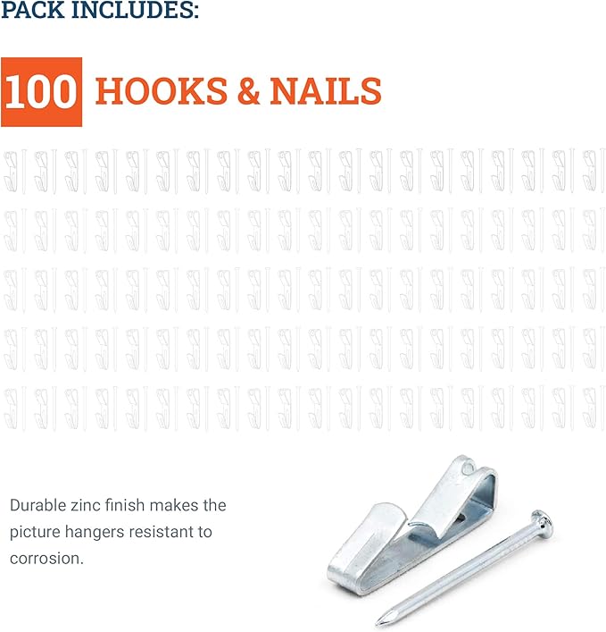 Picture Hanging Hooks 30 lb - Professional Picture Hangers for Drywall with Wall Nails - 100 Pack