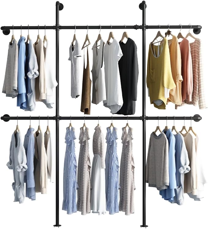 Industrial Pipe Clothing Rack Wall Mount, Black Pipe Clothes Rack with 6 Hanging Rods, Heavy Duty Pipe Clothing Rack for Laundry Room, Closet Systems for Walk in Closets