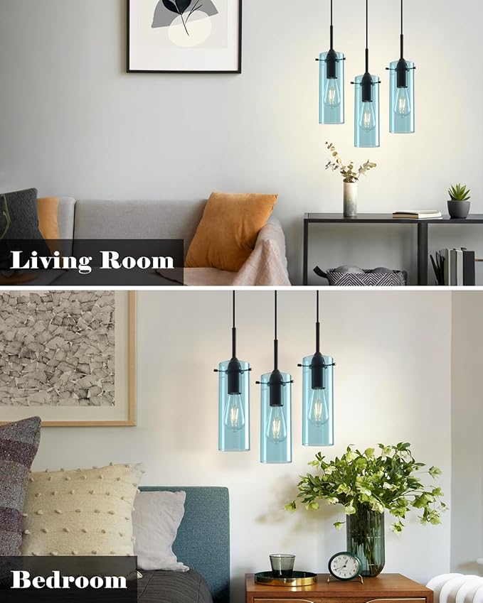 Blue Pendant Lights 2 Packs, Island Pendant Lights for Kitchen, Blown Glass Pendant Light Kitchen Island, Kitchen Pendant Light for Kitchen Island, Bedroom, Living Room, Bathroom