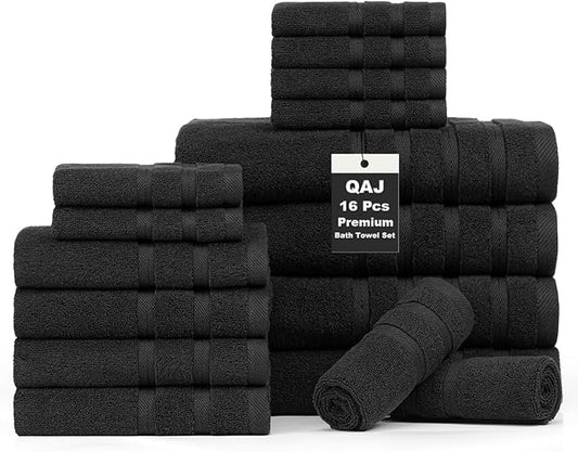 16-Piece Bath Towels Set, 100% Cotton Thick Soft Highly Absorbent Durable, Quick Dry, Bathroom Towels Set (4 Bath Towels, 4 Hand Towels, 8 Washcloths) - Perfect for Daily Use