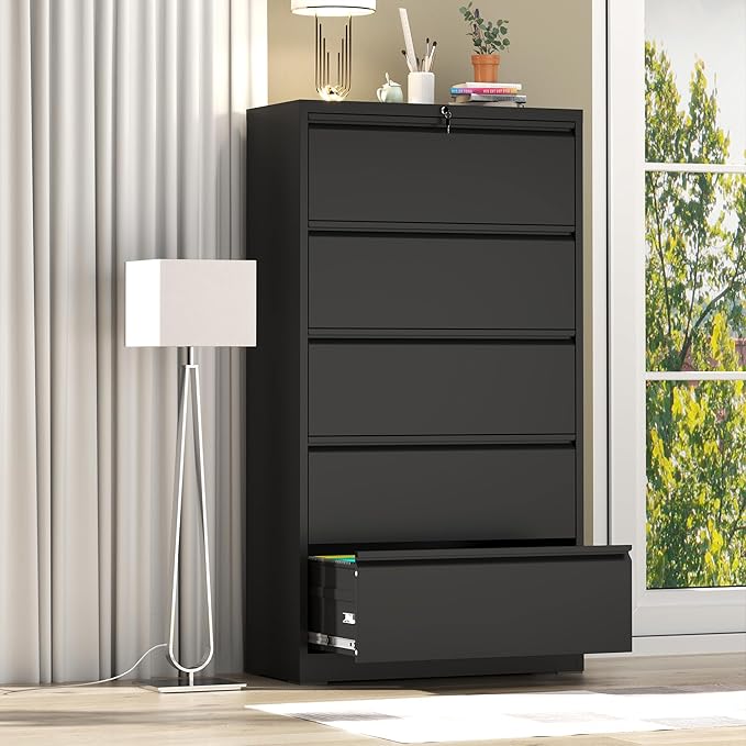 AQY 5 Drawer File Cabinet with Lock,Metal Lateral File Cabinets for Home Office,Steel Wide Filing Organization Storage Cabinets for Hanging Files Letter/Legal/F4/A4 Size,Assembly Required(Black)