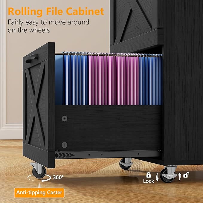 Farmhouse File Cabinet with 2 Drawers, Vertical Filing Cabinet on Wheels for Letter/A4 Size Hanging Files, Mobile File Cabinets Printer Stand for Home Office, Black