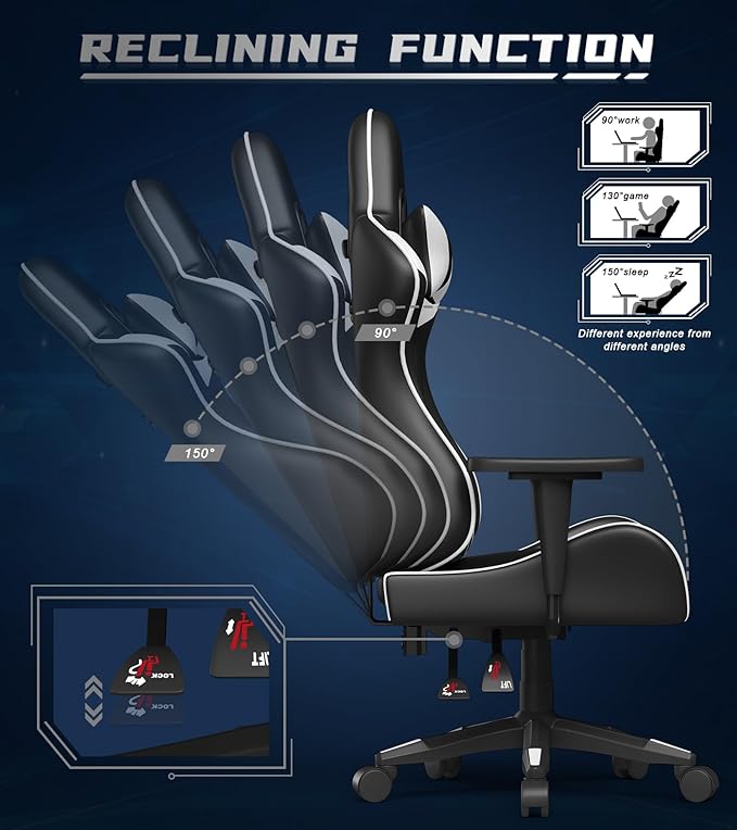 Gaming Chair with Footrest, High Back Ergonomic Computer Gamer Chair with Headrest and Lumbar Support, Racing Style Reclining Game Chair for Adults, Kids (White-Black)