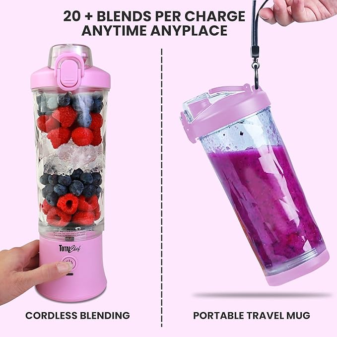 Total Chef Portable Blender - USB Rechargeable Personal Smoothie Mixer, Protein Shake Maker, Cordless Travel Mini Licuadora, Blend Frozen Fruit, Drink Milkshake On The Go,Ice Crusher 20 OZ, Lilac