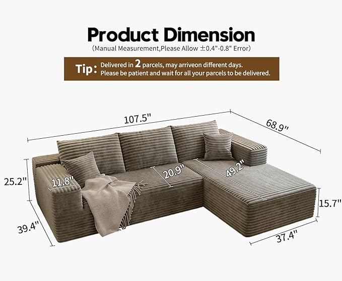 107.5" Cloud Sectional Couch with L-Shape Chaise,Modern Modular Sofa with Deep Seat, Upholstered Couches for Living Room Bedroom Apartments,No Assembly Required, (Camel,Right Facing Chaise)