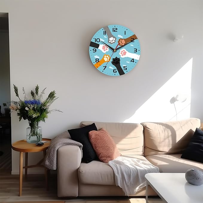 Wall Clock, 10 Inch Silent Non-Ticking Home Kitchen Decor, Battery Operated for Bathroom Bedroom Living Room Office(Cute Paws)