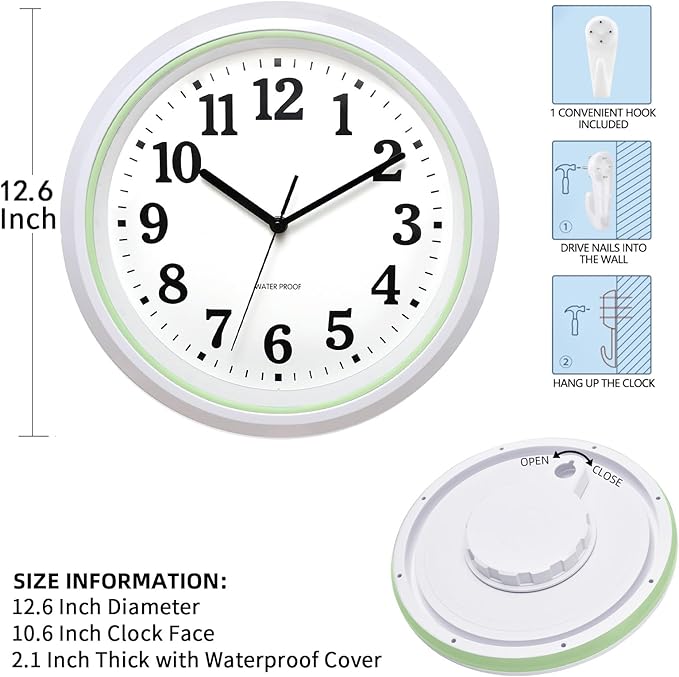 Caysie 12 Inch Sealed Indoor Outdoor Waterproof Wall Clock, Durable Silent Non-Ticking Battery Operated Quality Quartz Round Clock, Wall Decorative for Patio, Pool, Bathroom (Green)